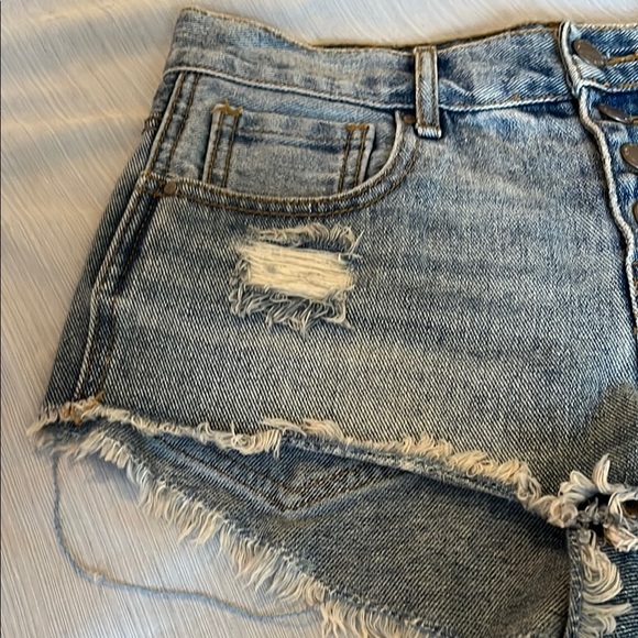Bullhead Blue Distressed Jean Shorts with Frayed Hem - Picture 4 of 9